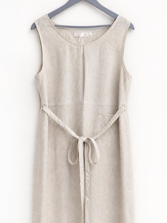 Dresses & Skirts - European Linen Blend Tie-Waist Dress – Natural Beige – XXL